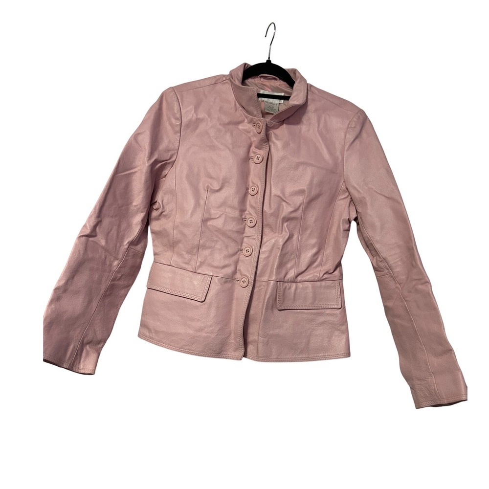 Pink Leather Jacket 10 Button Front Stand Collar Blazer 46-0056-5 Vintage‎ Y2K